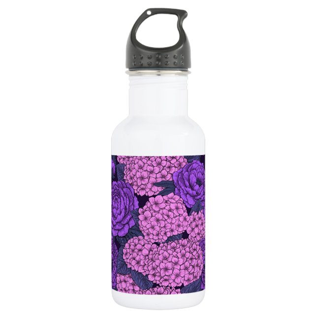 Peony and hydrangea in pink and violet 532 ml water bottle (Front)