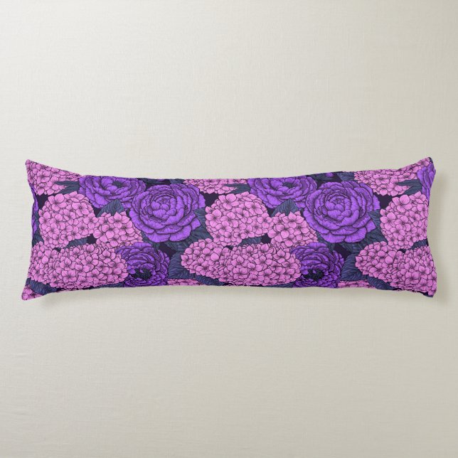 Peony and hydrangea in pink and violet body pillow (Front)