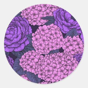 Peony and hydrangea in pink and violet classic round sticker