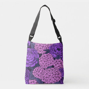 Peony and hydrangea in pink and violet crossbody bag