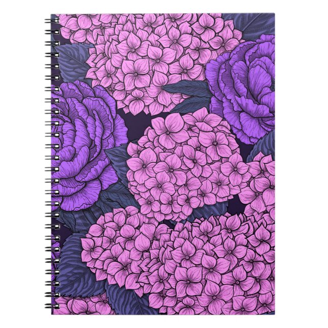 Peony and hydrangea in pink and violet notebook (Front)