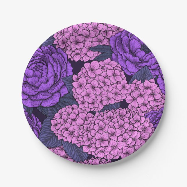 Peony and hydrangea in pink and violet paper plate (Front)