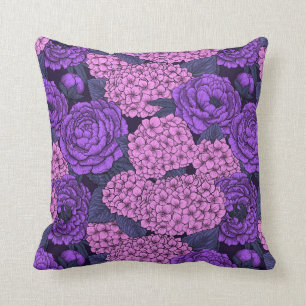 Peony and hydrangea in pink and violet throw pillow