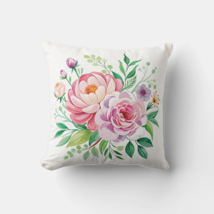 Peony and Roses Watercolor Floral Bouquet Throw Pillow