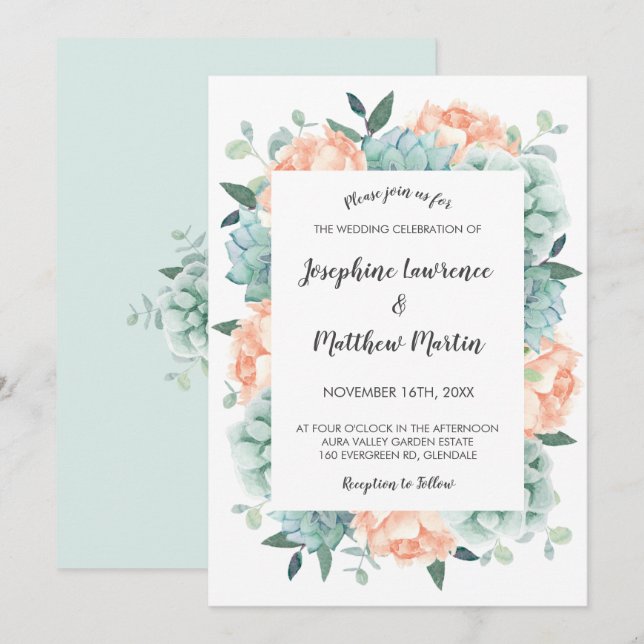 Peony and Succulents Watercolor Floral Wedding Invitation (Front/Back)