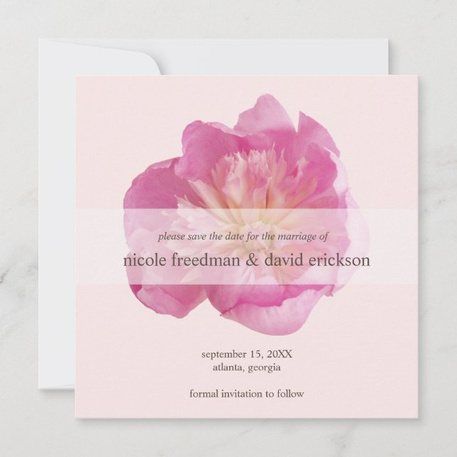 Peony bloom pink modern wedding save the date (Front)