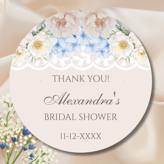 Peony Blue Hydrangea Bridal Shower Thank You Classic Round Sticker (Creator Uploaded)