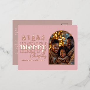 Peony Blush & Warm Taupe Christmas Photo Foil Holiday Postcard
