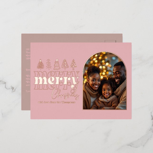 Peony Blush & Warm Taupe Christmas Photo Foil Holiday Postcard (Front/Back)