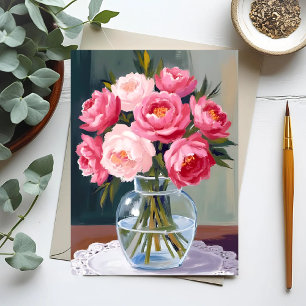 Peony Bouquet   Flower Vase Pink Watercolor Floral Postcard