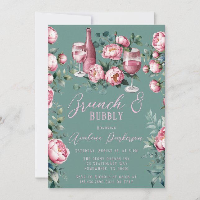 Peony Bouquet In Watercolor Brunch and Bubbly Invitation (Front)