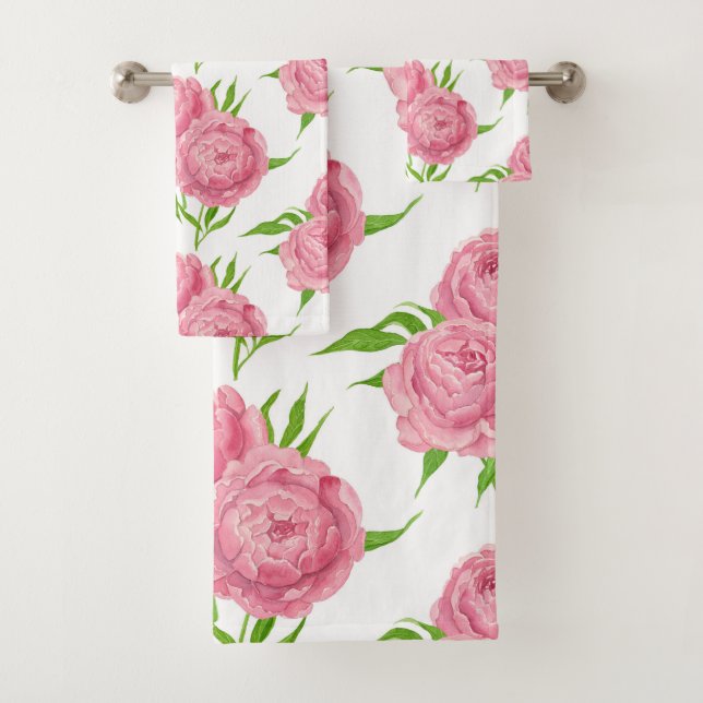 Peony bouquet watercolor pattern bath towel set (Insitu)