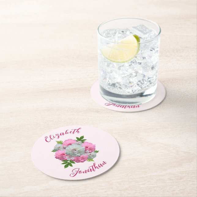 Peony Bouquet Wedding Round Paper Coaster (Insitu)