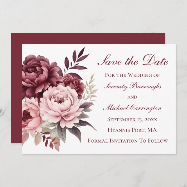 Peony Burgundy Pink Floral Save the Date Wedding Invitation (Front/Back)