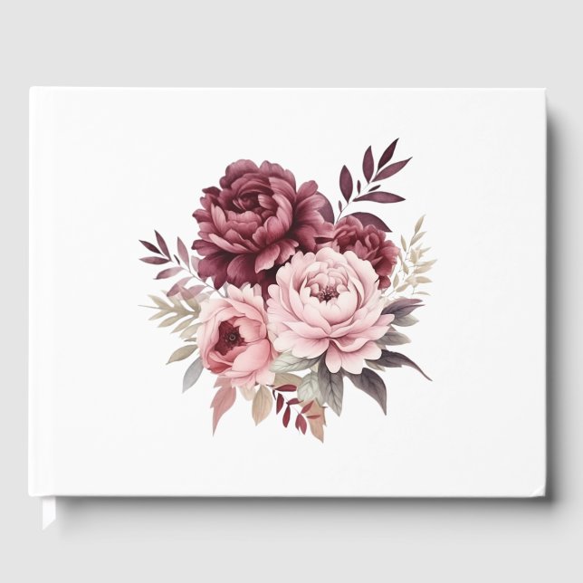Peony Burgundy Pink Watercolor Floral Wedding Guest Book (Front)