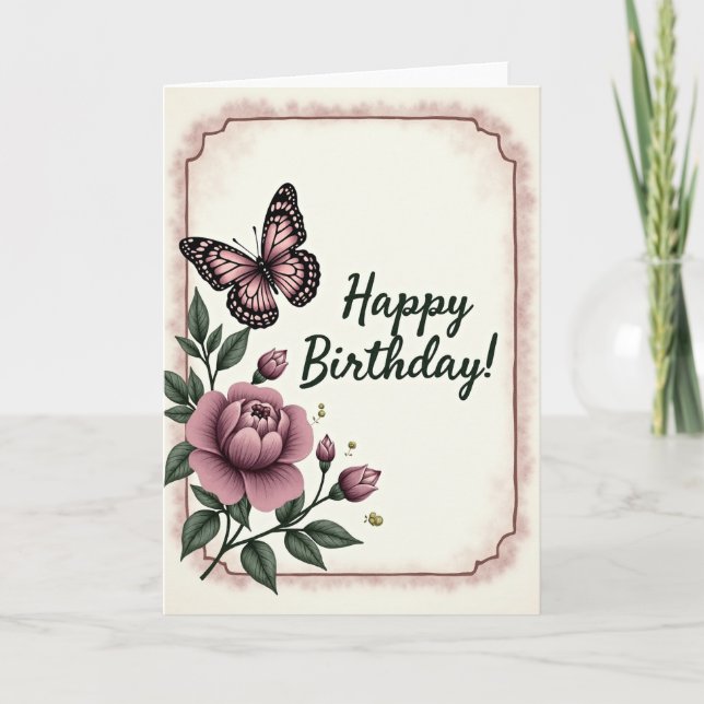 Peony Butterfly Birthday Card (Front)