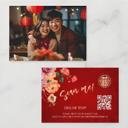 Peony Chinese Wedding QR Code RSVP Online Enclosure Card
