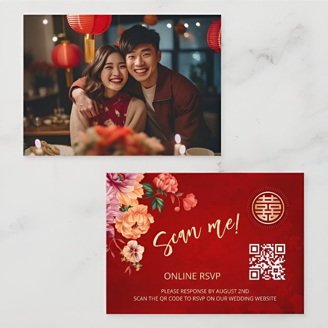 Peony Chinese Wedding QR Code RSVP Online Enclosure Card (Creator Uploaded)