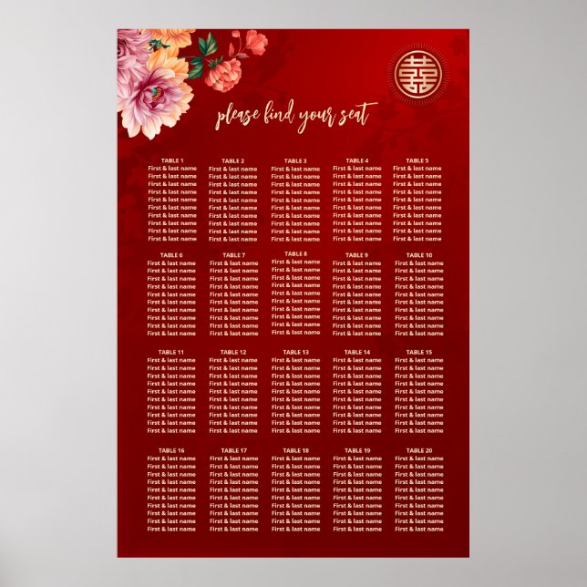 Peony Chinese Wedding Seating Chart (Front)