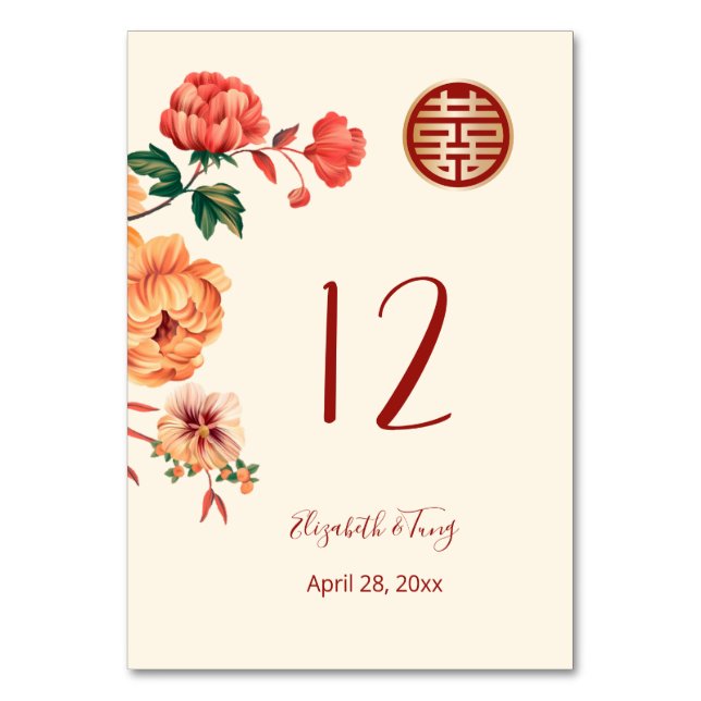 Peony Chinese Wedding Table Number (Back)