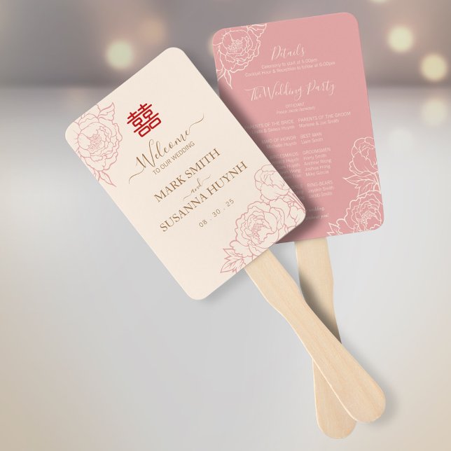 Peony Double Happiness Wedding Program & Timeline Hand Fan (Creator Uploaded)