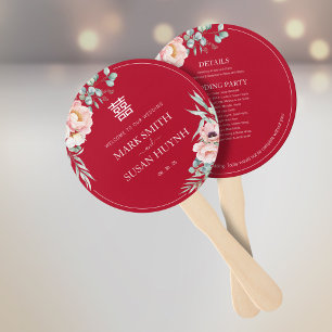 Peony Double Happiness Wedding Program & Timeline Hand Fan