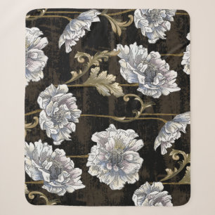 Peony Elegance: Baroque Gold Swirls Sherpa Blanket