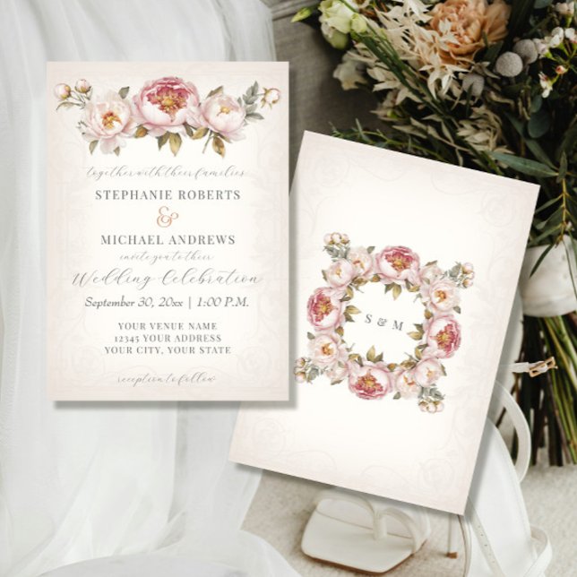 Peony Elegant Floral Blush Pink Ivory Wedding Invitation (Creator Uploaded)