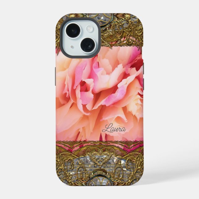 Peony Elegant Fluff Monogram iPhone 15 Case (Back)