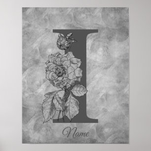 Peony Elegant Monogram Initial I Personalized Poster