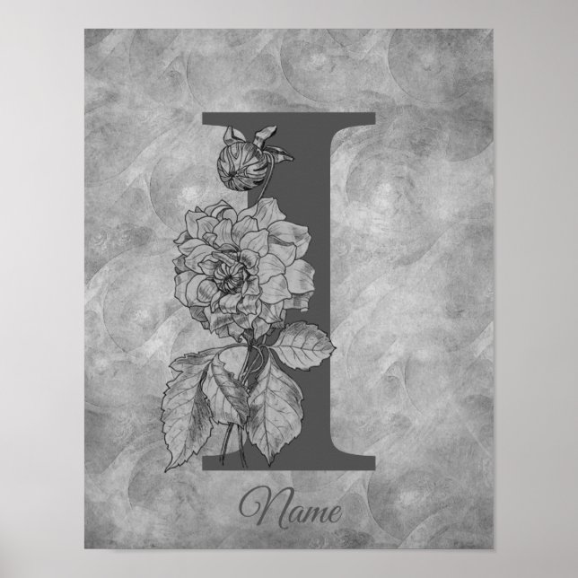 Peony Elegant Monogram Initial I Personalized Poster (Front)