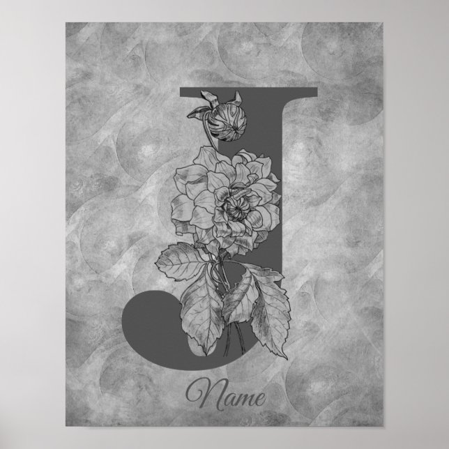 Peony Elegant Monogram Initial J Personalized Poster (Front)