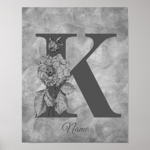 Peony Elegant Monogram Initial K Personalized Poster