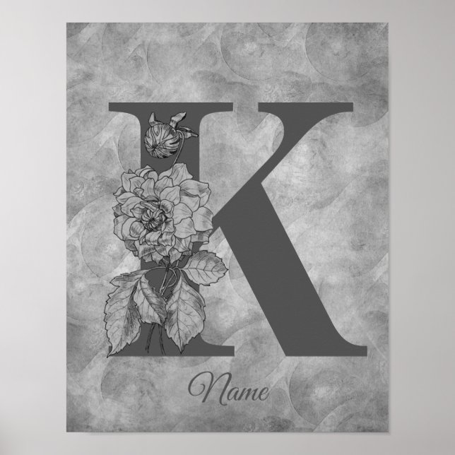 Peony Elegant Monogram Initial K Personalized Poster (Front)