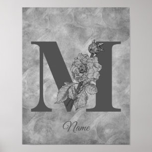 Peony Elegant Monogram Initial M Personalized Poster