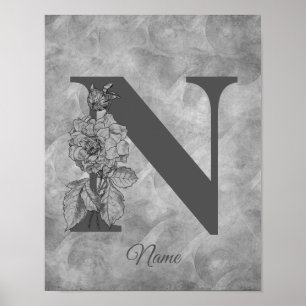 Peony Elegant Monogram Initial N Personalized Poster