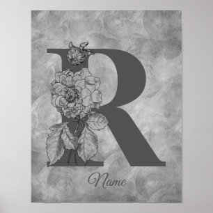 Peony Elegant Monogram Initial R Personalized Poster