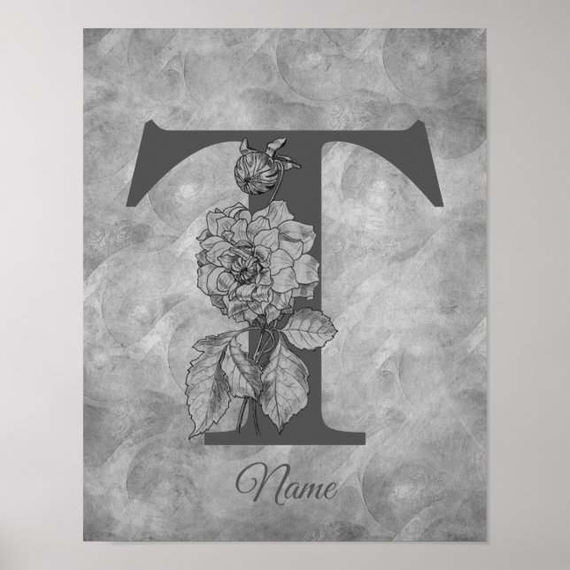 Peony Elegant Monogram Initial T Personalized Poster (Front)