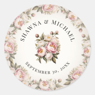 Peony Elegant Pink Floral Watercolor Wedding Classic Round Sticker