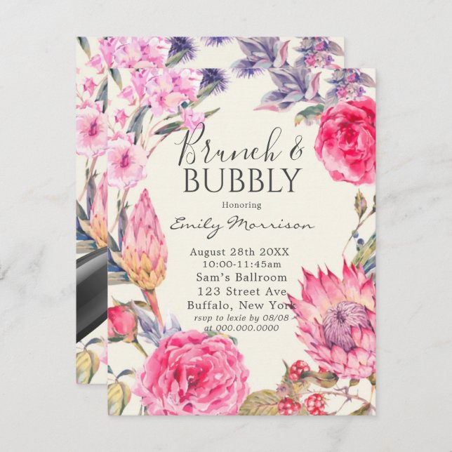 Peony et Protea Brunch & Bubbly Invitation (Devant / Derrière)