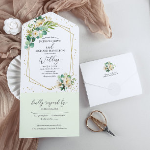 Peony Eucalyptus Floral Geometric Wedding  All In One Invitation