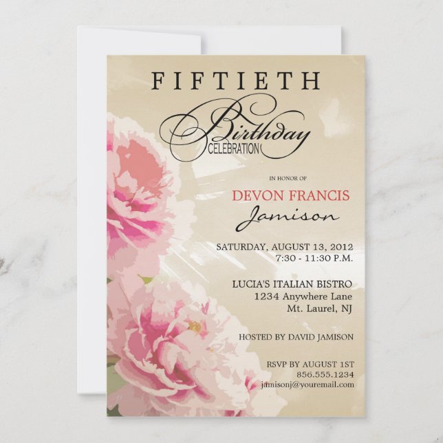 Peony Floral 50th Birthday Party Invitation Tan (Front)