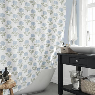 Peony Floral Block Print Cottage White Blue Green