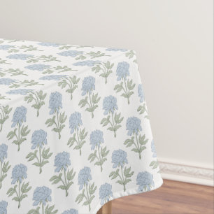 Peony Floral Block Print Cottage White Blue Green Tablecloth