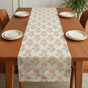 Peony Floral Block Print Vintage Cottage Soft Pink Short Table Runner
