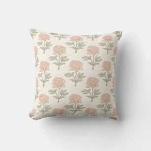 Peony Floral Block Print Vintage Cottage Soft Pink Throw Pillow