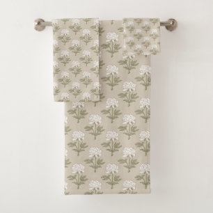 Peony Floral Block Print Vintage Mushroom Beige Bath Towel Set