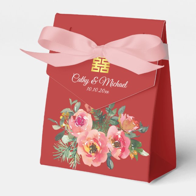 Peony floral double happiness Chinese wedding red Favor Box (Front Side)