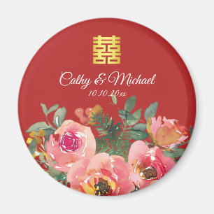 Peony floral double happiness Chinese wedding red Magnet