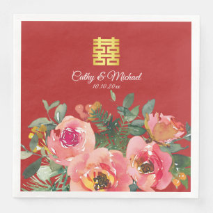 Peony floral double happiness Chinese wedding red Napkin